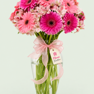 Gerberas rosas y fucsias con alstroemerias, florero de vidrio, moño rosa y etiqueta Flores Bellas.